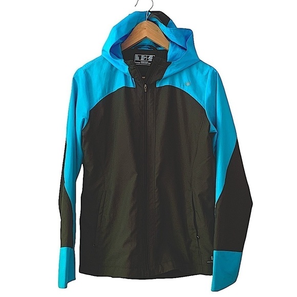 new Balance Women's Sequence Hood Jacket Black Blue Zip Windbreaker Top - Picture 4 of 13